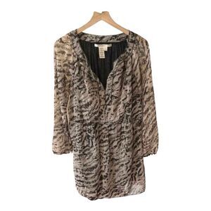 Max Studio Animal Print Dress Sheer Long Sleeve Blouson Mini‎ Dress L